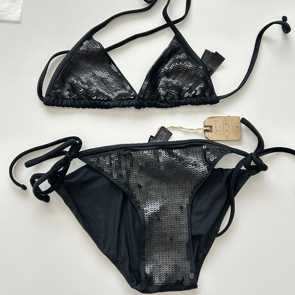 ALLSAINTS Ember Bikini SET - Top + Bottom - Black Sequins - Size Small UK 8 NWT - Picture 1 of 8